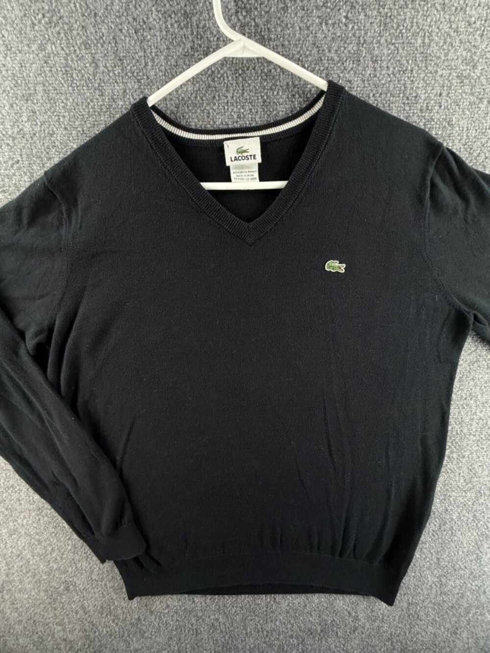 Lacoste Sweater Men Black Size 5 V Neck Croc Logo Pullover Knit Adult Cotton